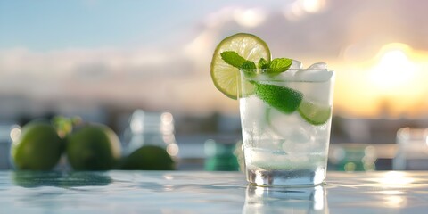 Lime garnish elegantly displayed against evening sky seen through bar window. Concept Food Photography, Evening Atmosphere, Lime Garnish, Bar Setting, Artistic Presentation