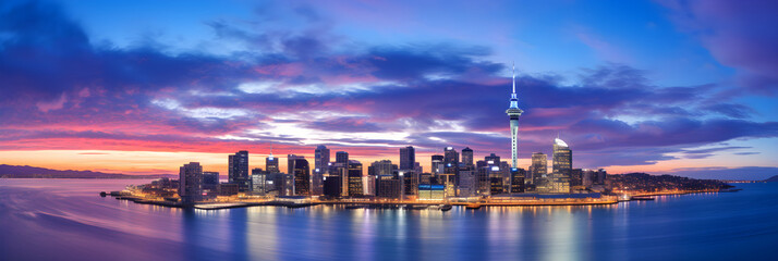 Fototapeta premium Twilight Magnificence: Aerial View of Auckland City and Harbor Embellished with Sparkling Lights against Sunset Sky