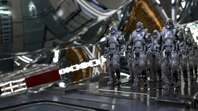 space soldiers, a squad of stormtrooper guards marching through the space station, cyborgs sci-fi style, 3D rendering