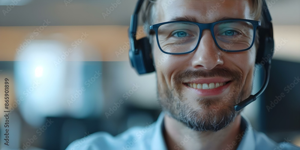 Poster male tech support agent providing assistance to client while using hands-free headset in call center
