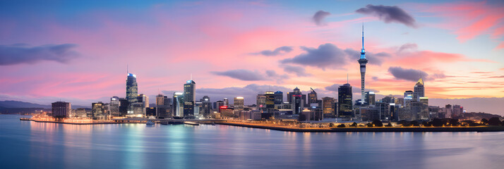 Twilight Magnificence: Aerial View of Auckland City and Harbor Embellished with Sparkling Lights against Sunset Sky