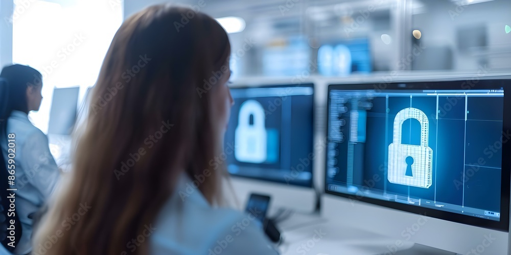 Poster securely monitor server room staff with locked key symbol on computer screens. concept server room s