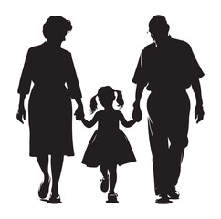 grandparents walking with granddaughter Silhouette vector Illustration. 