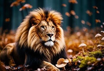 Fototapeta premium A lion with a bushy mane in an autumn forest. The king of beasts. Africa. Image of animals. Banner poster background postcard. Copy space