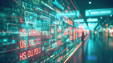 Futuristic digital data visualization with vibrant neon colors depicting financial information and stock market statistics in a sleek design.