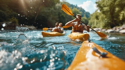 Fototapeta premium Group of friends enjoying a thrilling kayaking adventure down a scenic river on a sunny day.