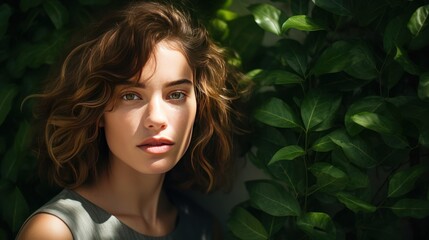 Fototapeta premium Portrait of confident woman with background of green leaves 