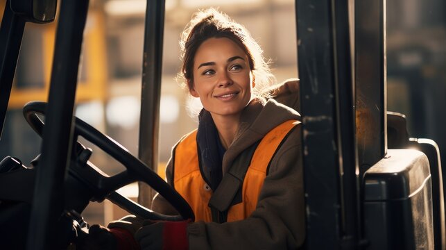 smiling young female worker driving forklift 