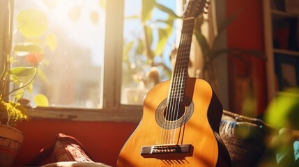 Musical background, guitar placed near the window in the morning,singing and playing guitar