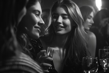 Women enjoying conversation in black and white