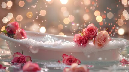 Luxurious bath with bubbles roses love theme Holiday card with room for text Focus on details