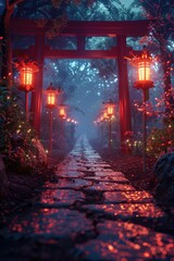 Obraz premium Pathway with lanterns lit up at night