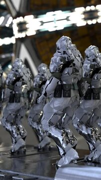 space soldiers, a squad of stormtrooper guards marching through the space station, cyborgs sci-fi style, 3D rendering
