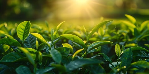 Morning sunlight illuminating green tea leaves on a plantation. Concept Nature, Sunlight, Tea Plantation, Green Leaves, Morning Glow
