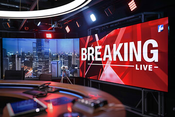 Obraz premium News set studio with a giant monitor displaying 