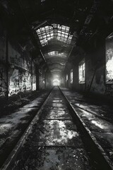 Fototapeta premium Hauntingly Captivating Derelict Rail Terminal in Moody Black and White Aesthetic