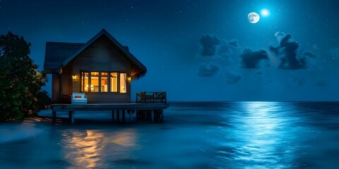 Tranquil Maldives Hotel Villa with Moonlit Waves Creating a Picturesque and Peaceful Ambiance. Concept Luxury Accommodation, Beachfront Villa, Ocean View, Moonlit Nights, Relaxing Atmosphere