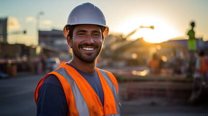 Young construction worker smiling happily With blurred background, during sunset 