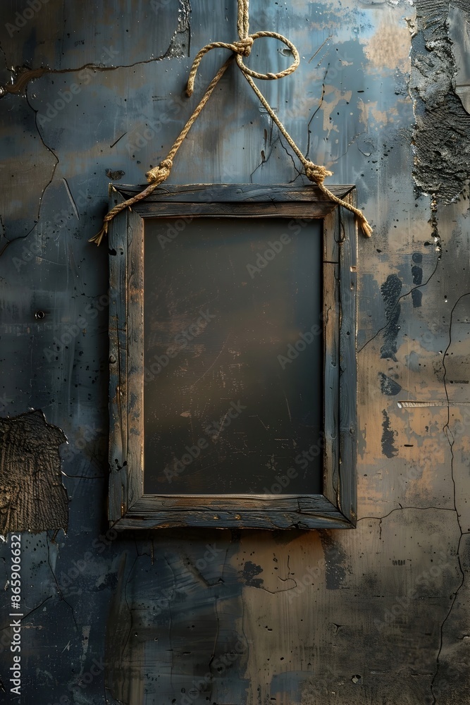 Poster Weathered Wooden Frame Hanging in Rustic Industrial Loft Space with Moody Atmospheric Ambiance