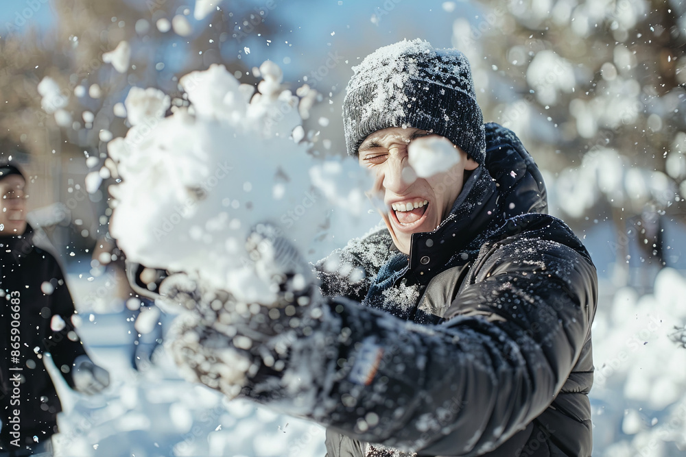 Wall mural Young men throwing a snowball, winter fun