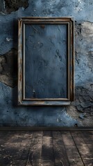 Weathered Antique Wooden Frame Resting on Muted Stone Wall in Dimly Lit Traditional Art Gallery