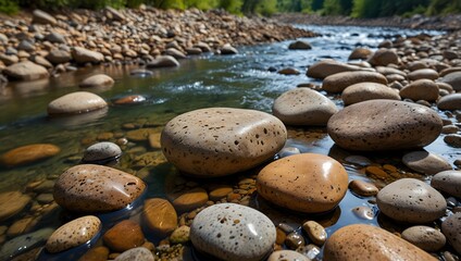 The smooth, polished stones found scattered along the riverbed, shaped by centuries of flowing water  ai_generated