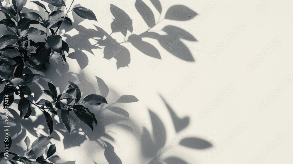 Wall mural shadow of foliage on white background with text space