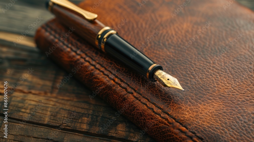 Poster close up of stationary pen with notebook and texture for text placement