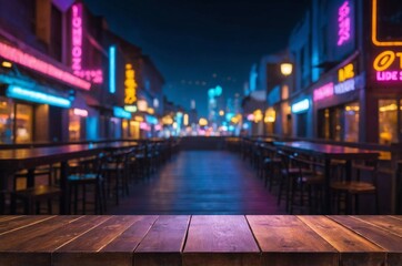 Wooden table in foreground of blurry nighttime city street with neon lights inviting atmosphere for drink or meal