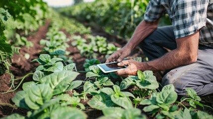 Fototapeta premium A farmer using a tablet to monitor organic crops