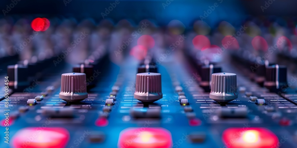 Poster sound studio with audio mixing console in use during live broadcast. concept sound studio, audio mix