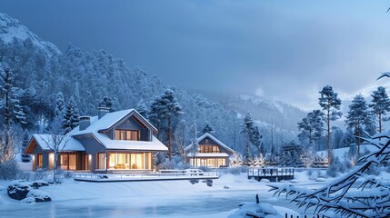 Naklejka premium Thermal insulated homes in a snowy landscape
