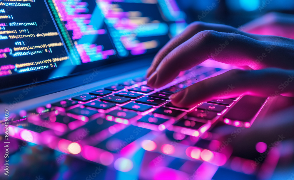 Poster hands typing on a laptop with colorful, illuminated keys in a dark room.