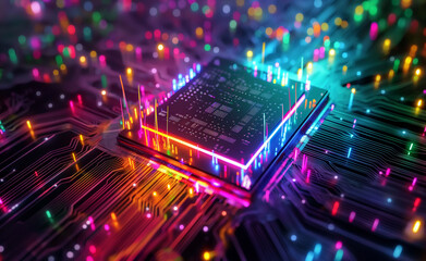 A computer chip emitting colorful light beams and surrounded by vibrant energy.