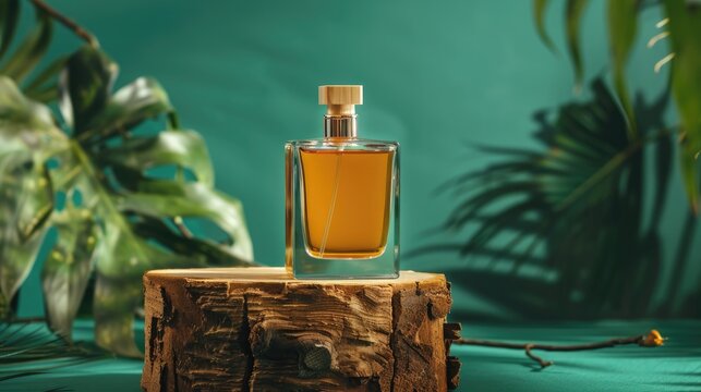 Male cologne bottle on podium with wood piece and green craft paper background concept for men s fragrance