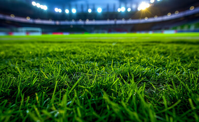 A close-up view of a well-lit soccer field at night, focusing on the grass.