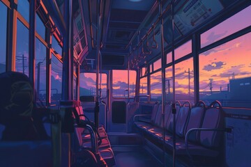 Fototapeta premium A bus journey past fields of lavender in full bloom, cozy vibe, Generative AI