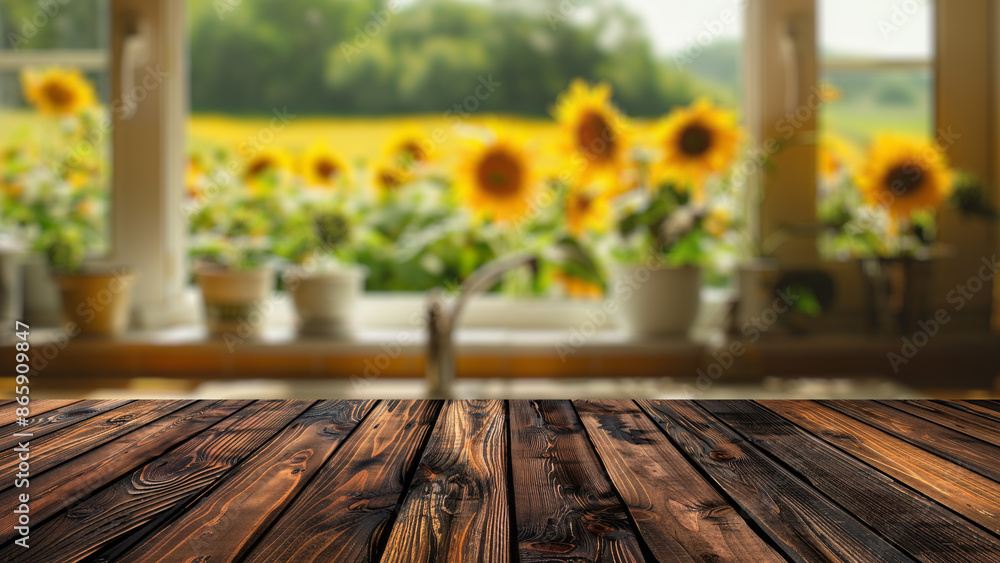 Poster empty wood table top with blur background of window with home garden view. the table giving copy spa