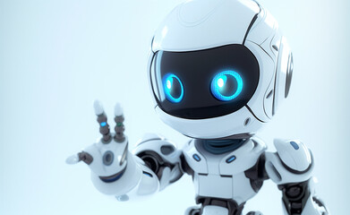 A friendly robot waving with a cheerful expression and large, glowing eyes.