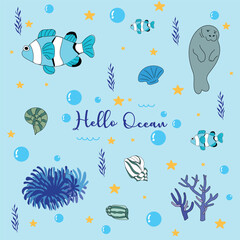 Naklejka premium Bright and colorful illustration of various marine creatures with 