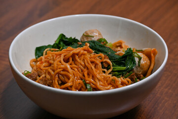 Chicken noodle with beef meatballs, or 