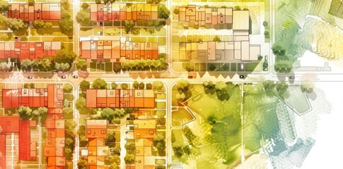 Fototapeta premium Aerial View Watercolor Illustration of Cityscape with Buildings and Trees