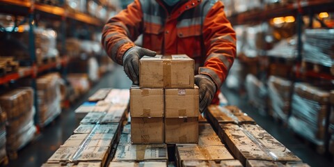 Worker organizing boxes on a pallet in a warehouse, highlighting logistics and supply chain industry efficiency and precision.