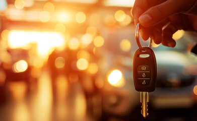 A hand holding a car key with a row of parked cars in the background during sunset.