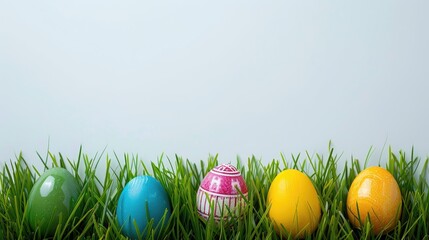 Fototapeta premium Green grass with space for text showcasing lovely Easter eggs
