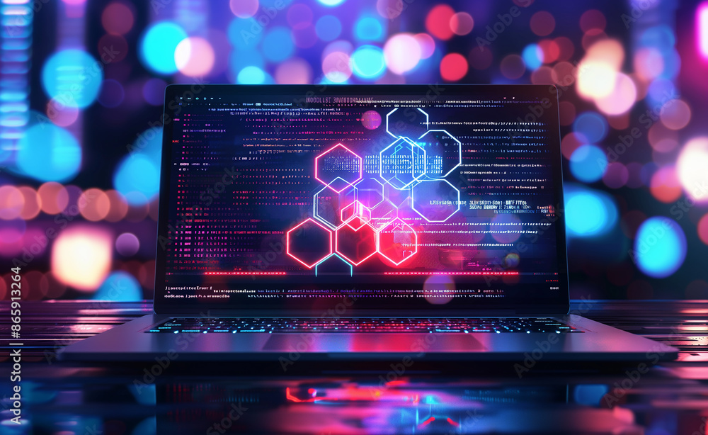 Poster a laptop displaying futuristic data analysis on its screen in a neon-lit room.