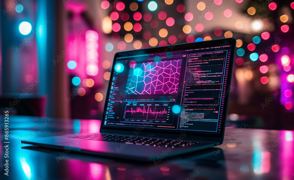 Poster a laptop displaying futuristic data analysis on its screen in a neon-lit room.