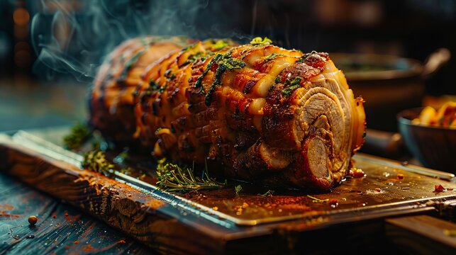 A roast pork on a tray with herbs and spices.