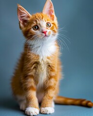 Obraz premium A small orange and white kitten sitting on a blue background.