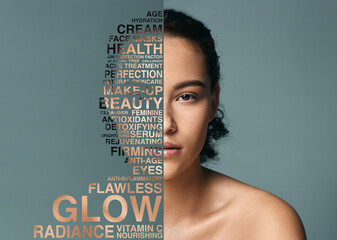 Woman, beauty words and portrait with skin wellness text with skincare and cosmetics. Studio,...